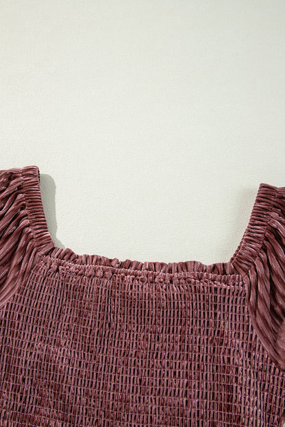 Blackish Green Smocked Ribbed Velvet Babydoll Top