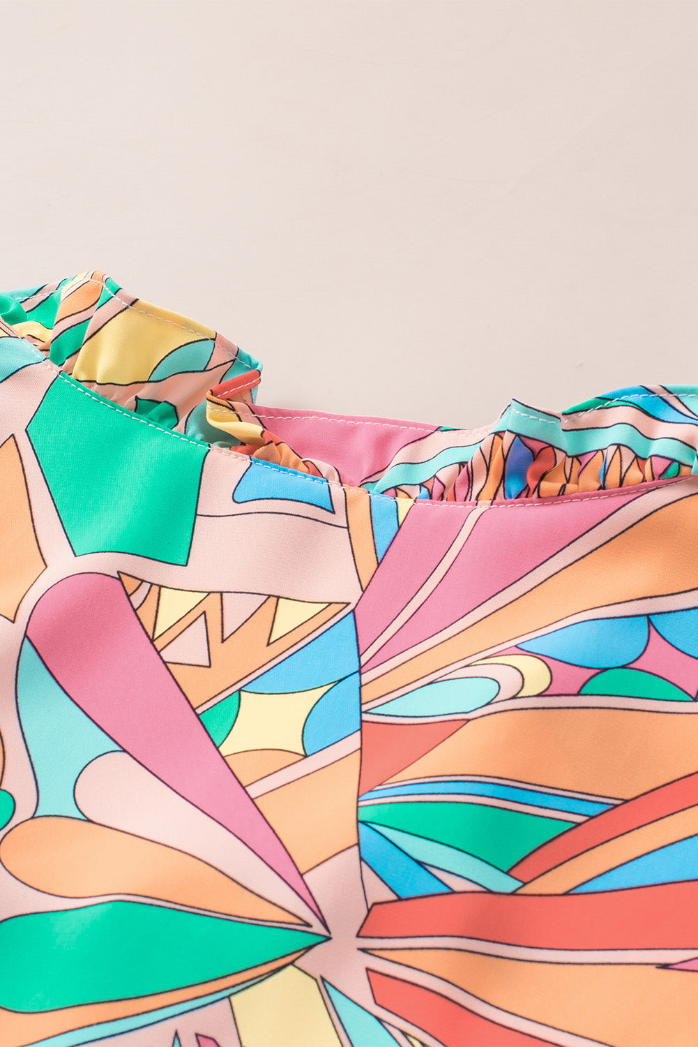 Multicolor Geometric Print Split Neck Ruffle Tiered Mini Dress