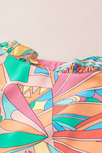 Multicolor Geometric Print Split Neck Ruffle Tiered Mini Dress