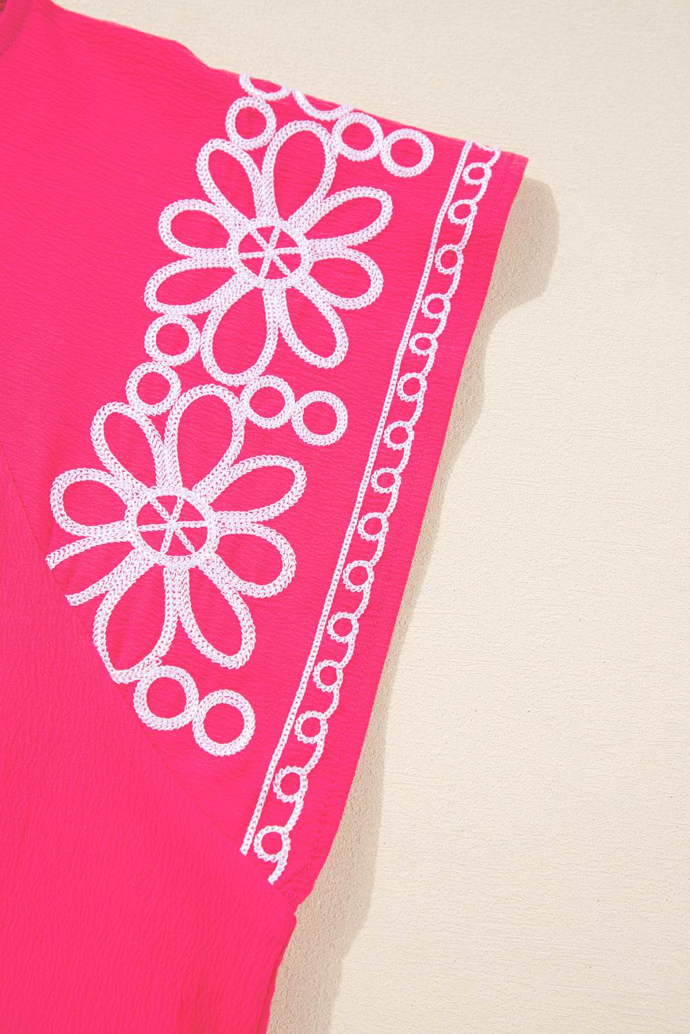 Strawberry Pink Floral Embroidered Flutter Sleeve Pleated O Neck Plus Size Blouse