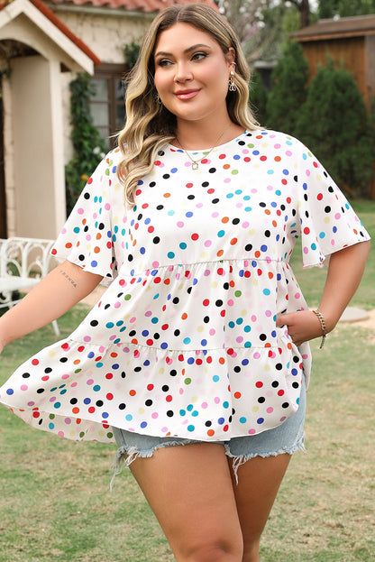 Beige Colorful Polka Dot Print Short Sleeve Ruffled Plus Size Babydoll Blouse