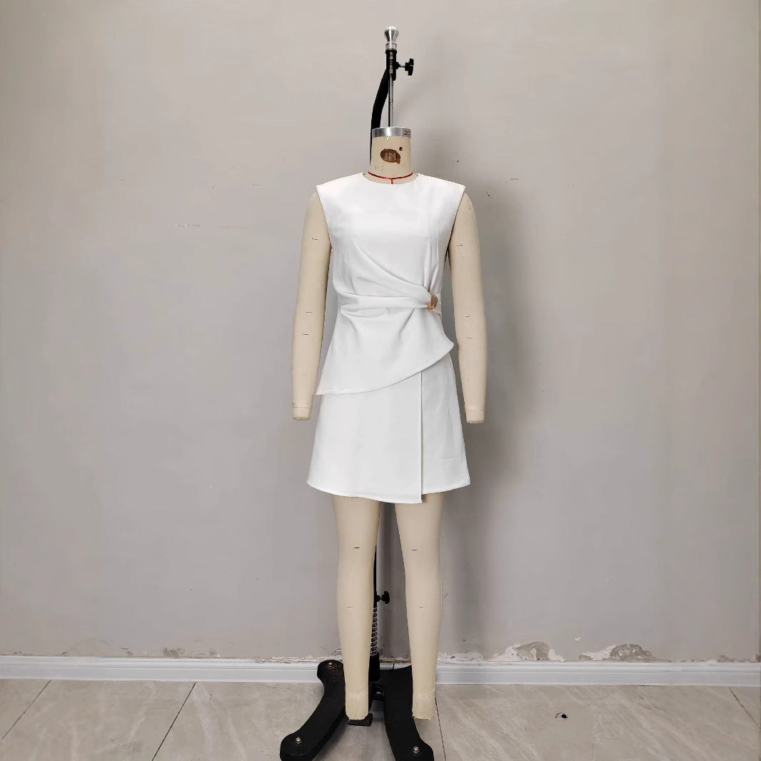 Womens Solid-Color Crew-Neck Defined-Waist A-Line Skirt Commuter Set