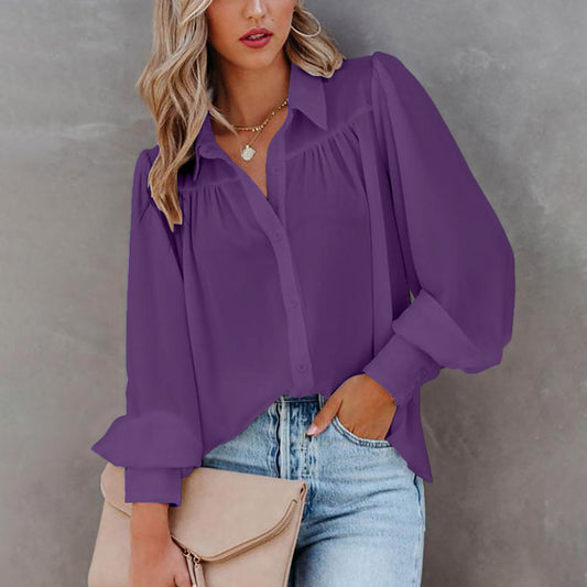 Lantern Sleeve Pleated Solid Color Loose Shirt Long Sleeve Women's Clothing