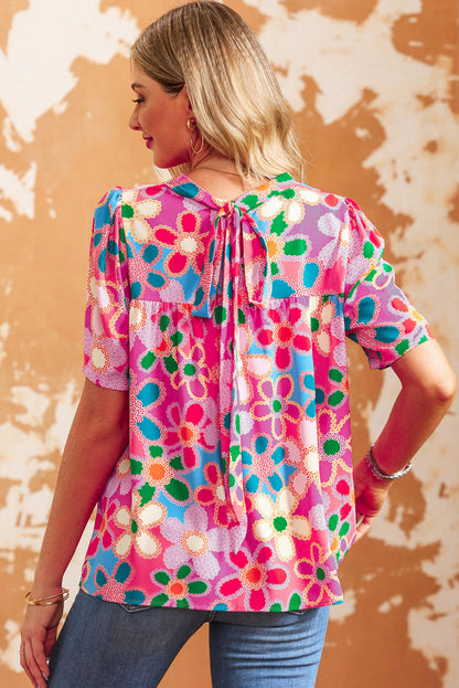 Multicolor Floral Print Smocked Square Neck Ruffles Blouse