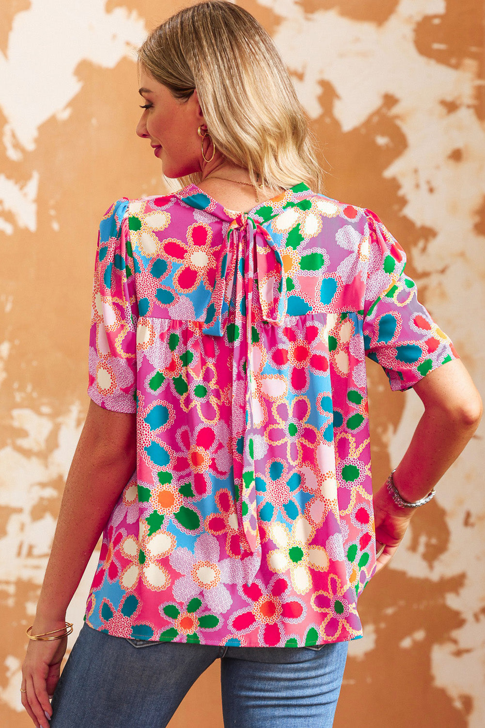 Multicolor Floral Print Bubble Sleeve Shirt