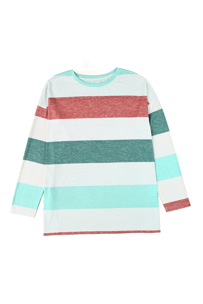 Sky Blue Stripe Plus Size Colorblock Pullover Top