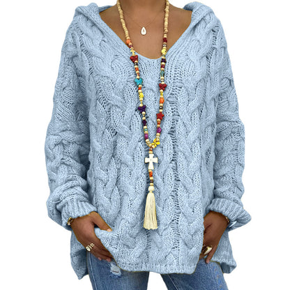 Solid Color Twist Knitted Hoodie Sweater For Women