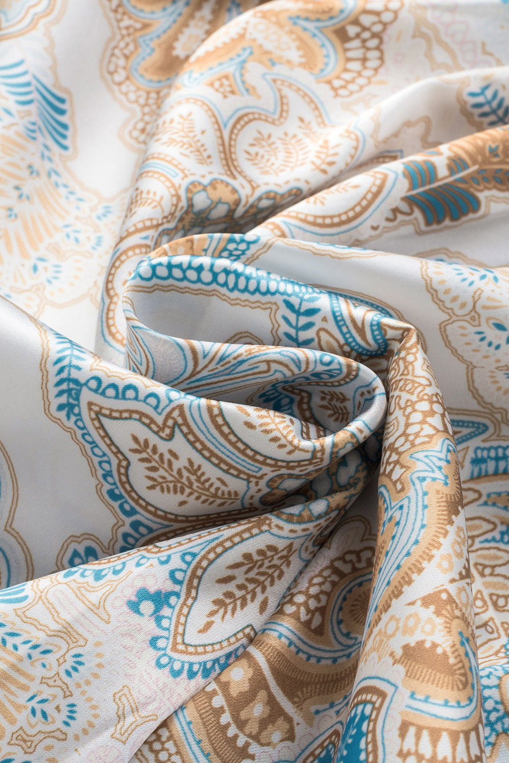 Sky Blue Paisley Pattern Print Drawstring V Neck Blouse