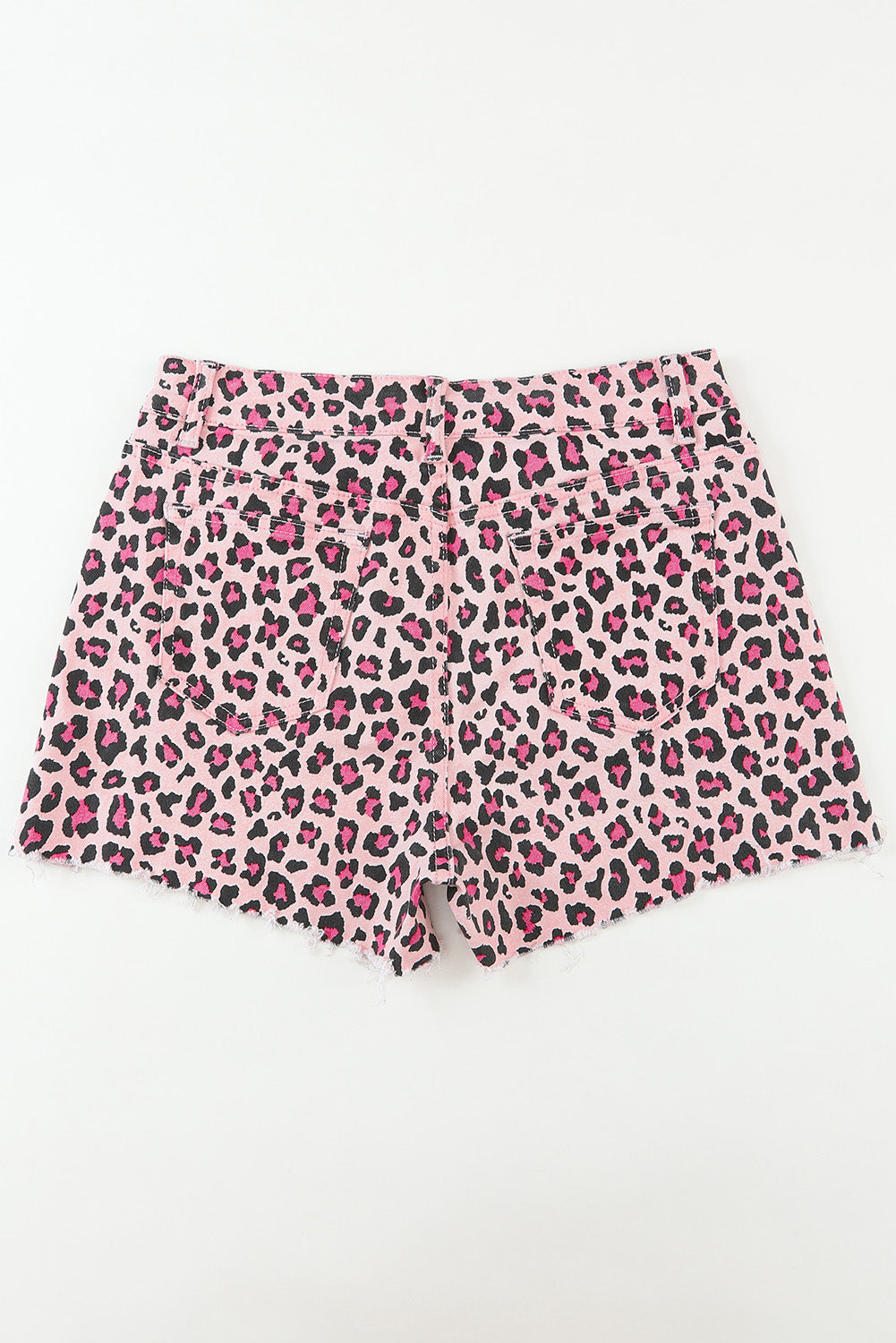 Pink Leopard Print Raw Hem Denim Shorts