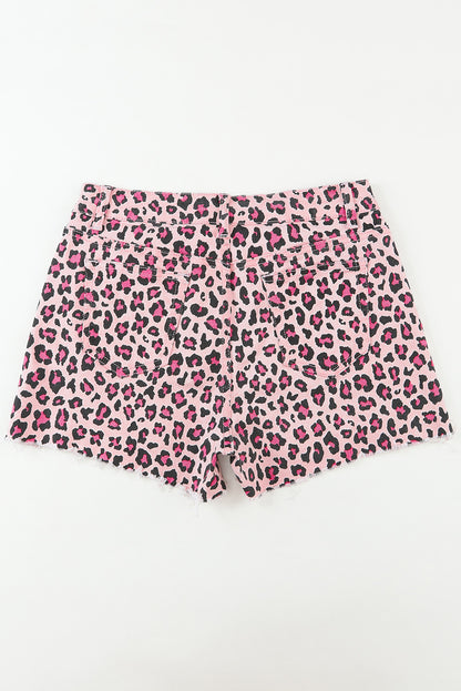 Pink Leopard Print Raw Hem Denim Shorts