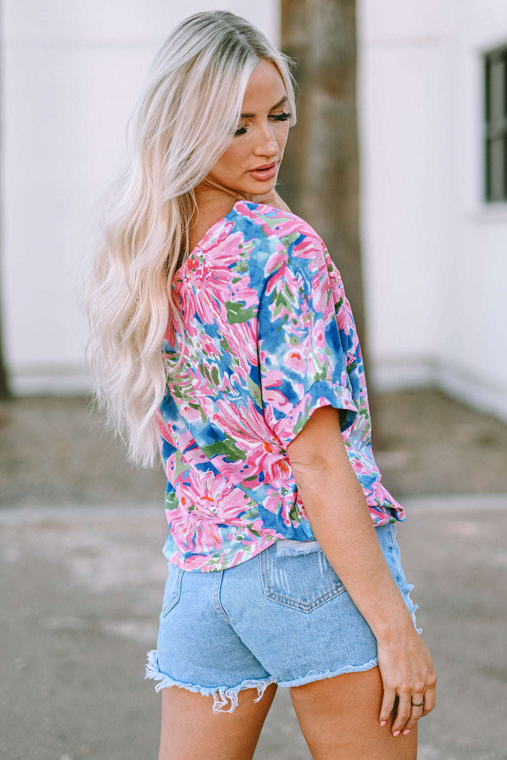 Pink Floral Print Buttoned V Neck Shirt