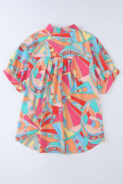 Multicolor Geometric Print Split Neck Ruffle Tiered Mini Dress