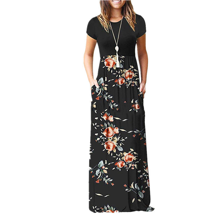 Dress Round Neck Short Sleeve Printed Waist-controlled