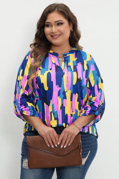 Blue Plus Size Brushstroke Print 3/4 Sleeve Blouse