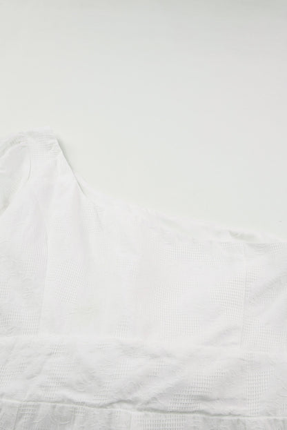 White One-shoulder Puff Sleeves Romper with Ruffle Trim