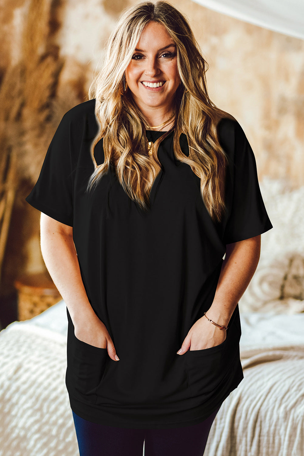 Khaki Side Pockets Short Sleeve Tunic Top