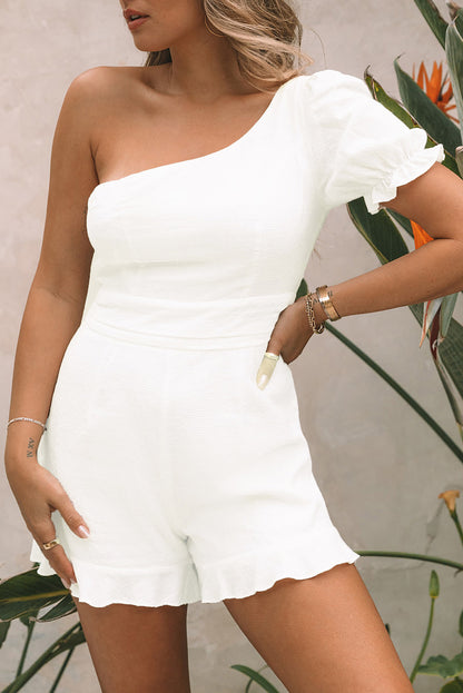 White One-shoulder Puff Sleeves Romper with Ruffle Trim