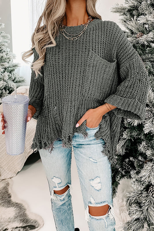 Bright White Ripped Raw Hem Chunky Pullover Sweater