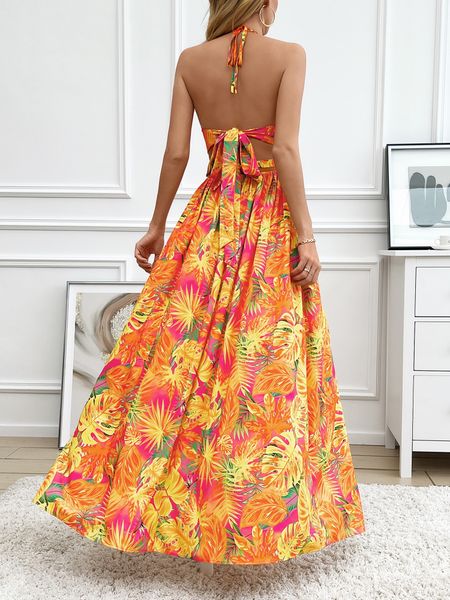 Printed Backless Side Slit Halter Dress H6VE68KF2K