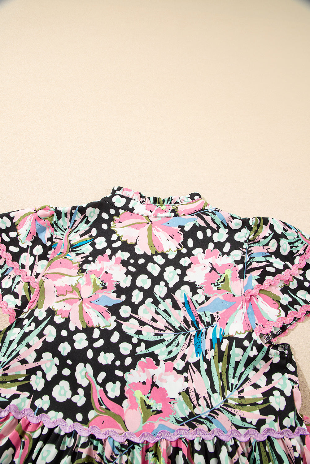 Pink Leopard Floral Print Wavy Embellished Mini Dress