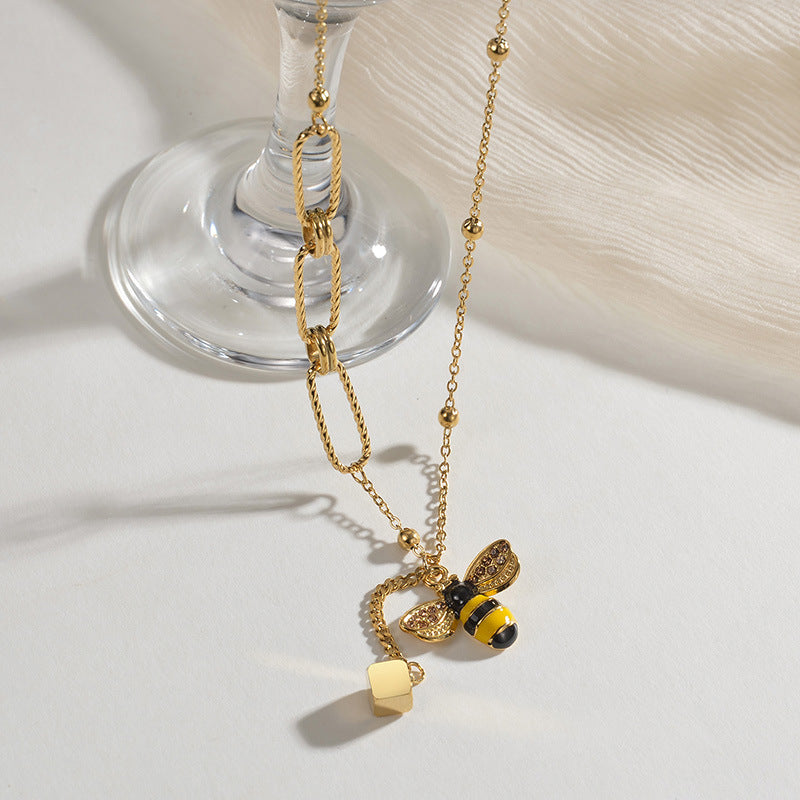 Wild Bee Square Pendant Stitching Chain Bead String Titanium Steel Necklace