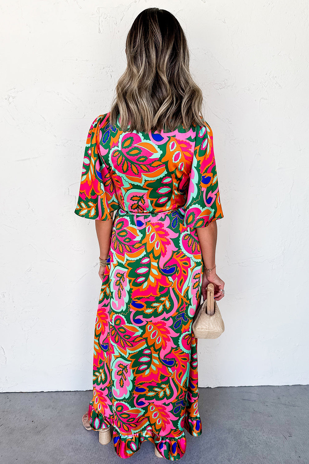 Rose Summer Plant Print Surpliced V Neck Ruffled Asymmetric Slit Wide Short Sleeve Maxi Dress