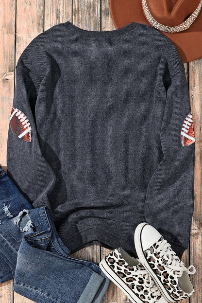Black Sequin Rugby Graphic Pullover Sweatshirt