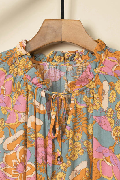 Brown Vintage Floral Smocked Bodice Flare Sleeve Tiered Long Dress