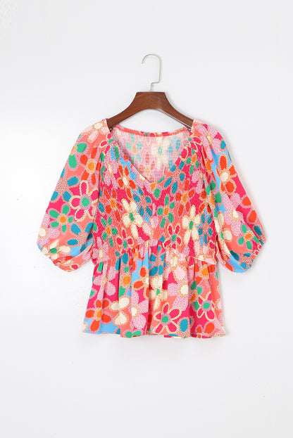 Multicolor Floral Print Smocked Square Neck Ruffles Blouse