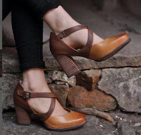 High Heel Pointed Toe Belt Buckle Thick Shoes