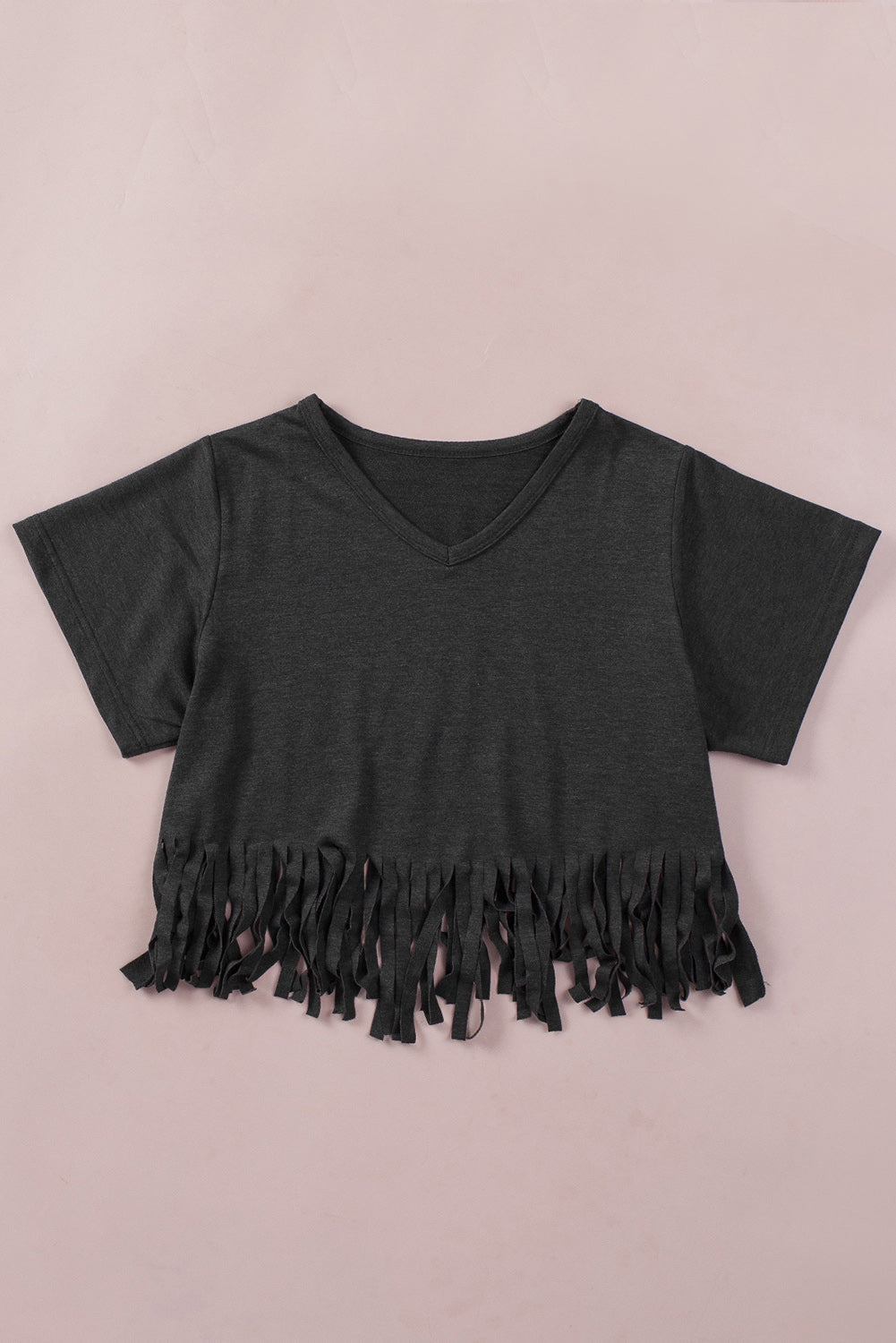 Red Fringe Hem V Neck T Shirt