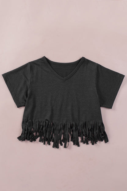 Red Fringe Hem V Neck T Shirt