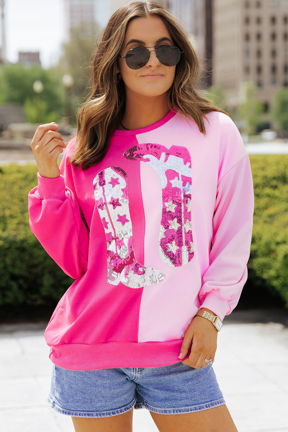 Pink Color Block Sequined Cowgirl Boots Graphic Sweatshirt I cease