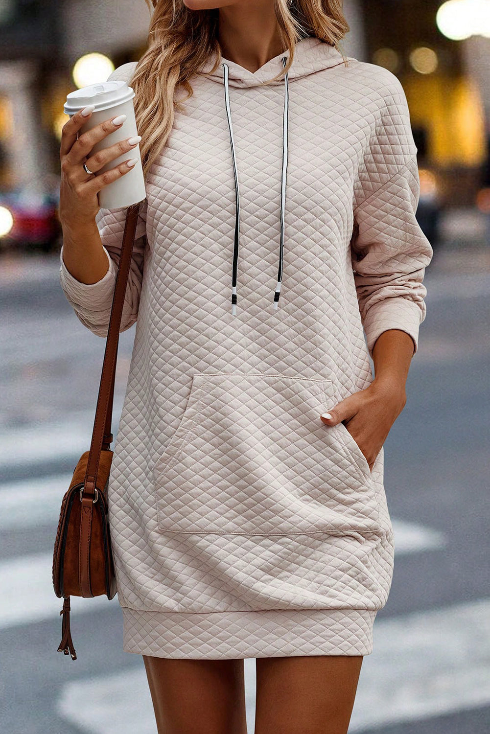 Apricot High Neck Kangaroo Pocket Quilted Sweatshirt