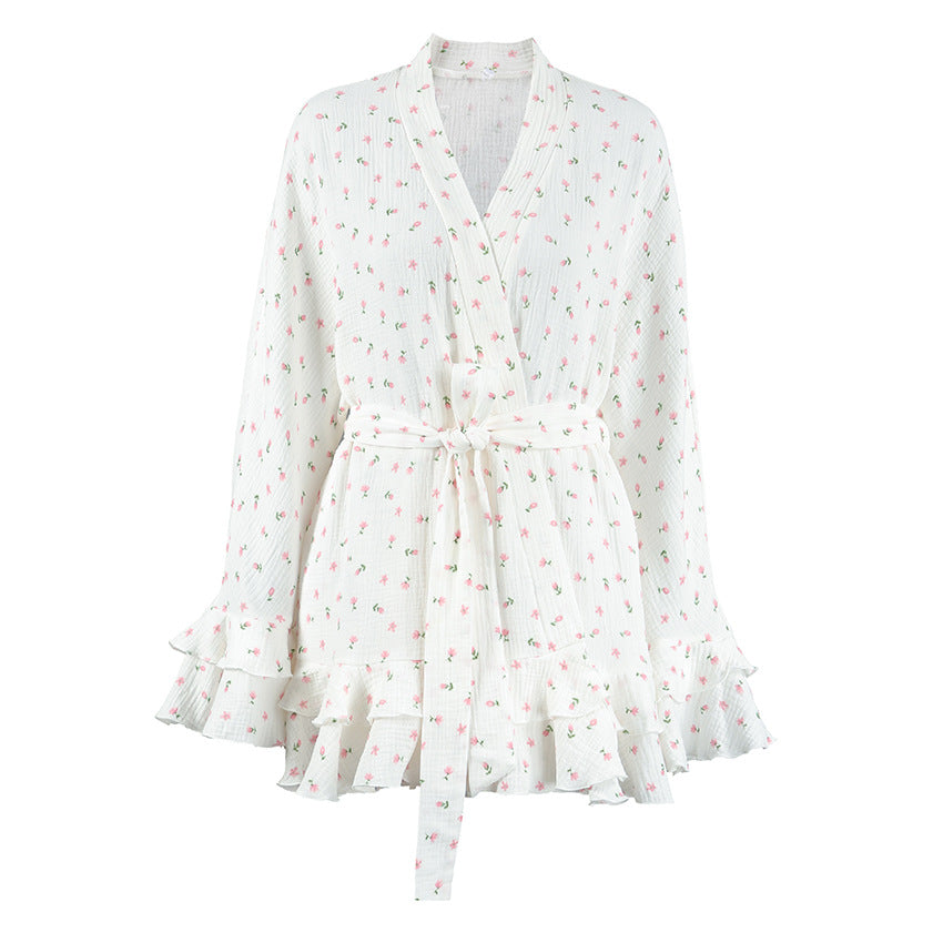 100 Cotton Printed Long-sleeve Nightgown And Shorts Pajama Set