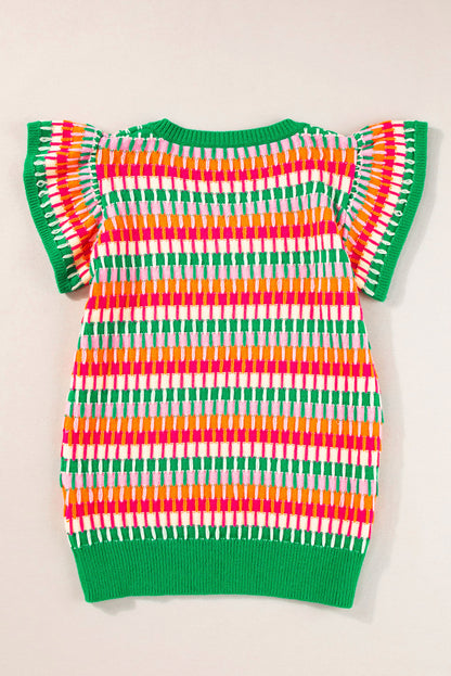 Green Multicolor Flutter Sleeve Knitted Sweater Top