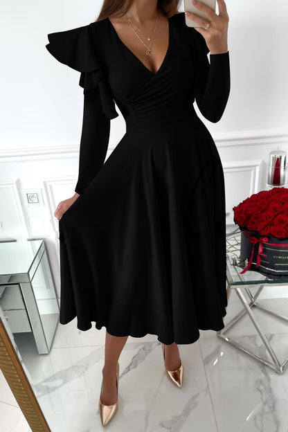 Long Sleeve V-neck Flounce Waist Dress Women's Clothing