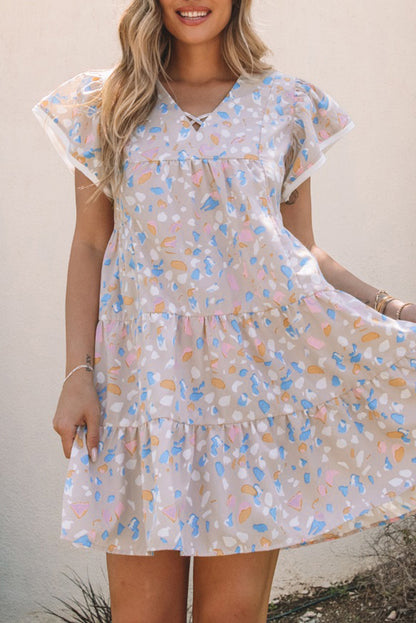 Rose Printed Crisscross Decor V Neck Flutter Sleeve Dress