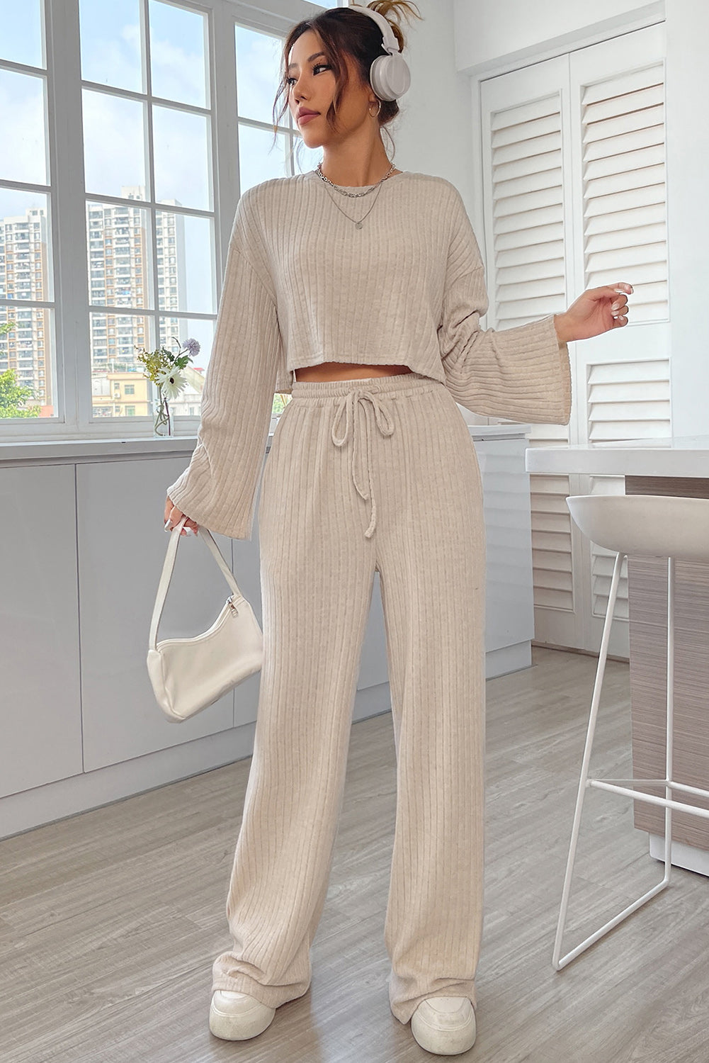 Pink Plain Ribbed Loose Fit Two Piece Lounge Set