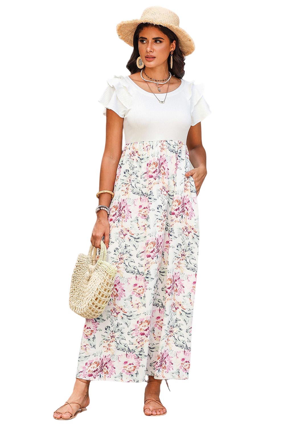 White Plus Size Floral Print Sleeveless Wide Leg Jumpsuit