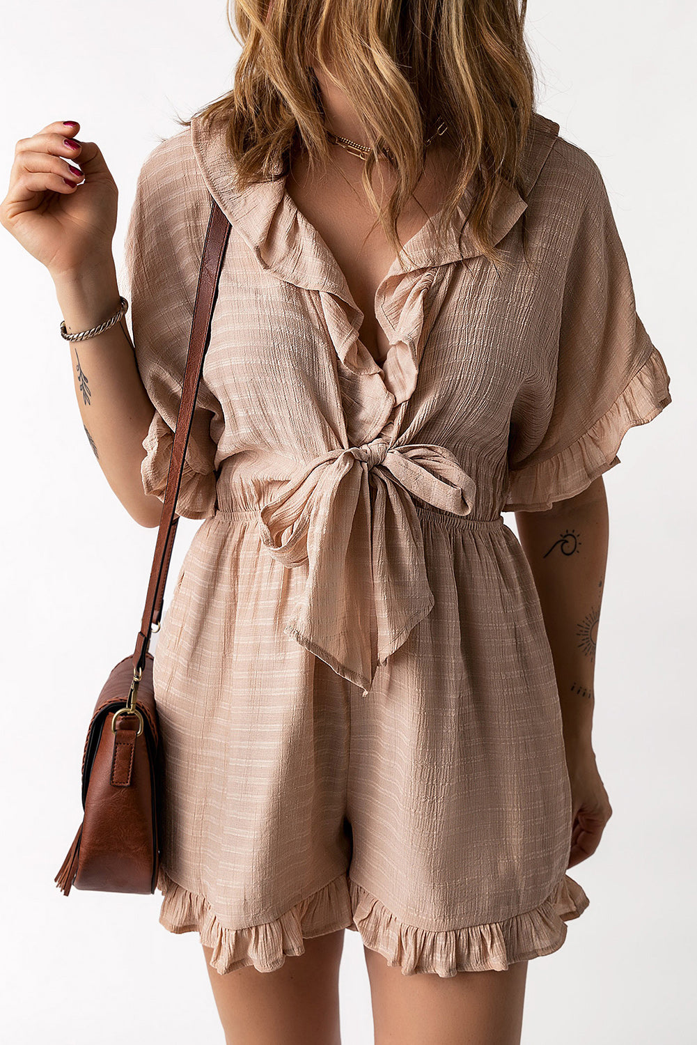 Khaki Ruffled High Waist Short Sleeve V Neck Romper