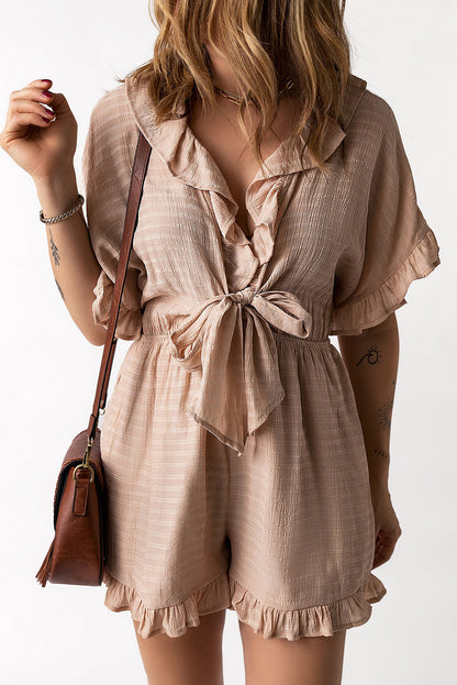 Khaki Ruffled High Waist Short Sleeve V Neck Romper