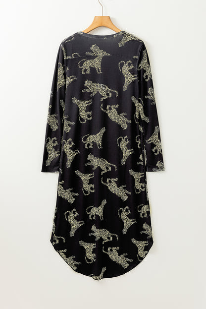 Black Plus Size Cheetah Print Puff Sleeve Ruffle Mini Dress