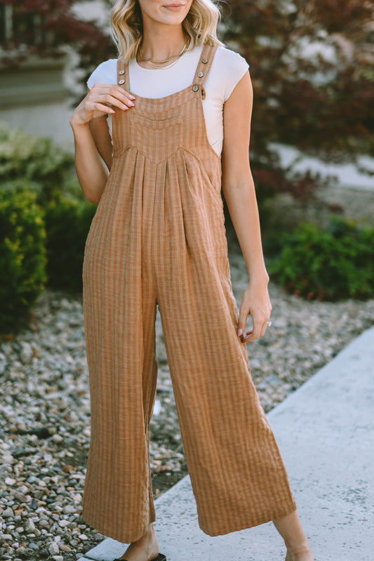 Chicory Coffee Striped Pleated Wide Leg Pocketed Jumpsuit