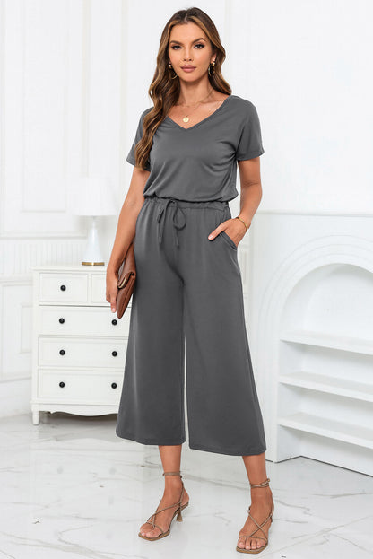 Gray Drawstring Waist Short Sleeve Wide Leg Jumpsuit
