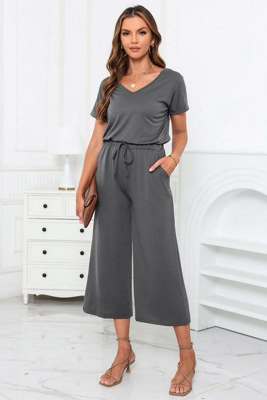 Gray Drawstring Waist Short Sleeve Wide Leg Jumpsuit
