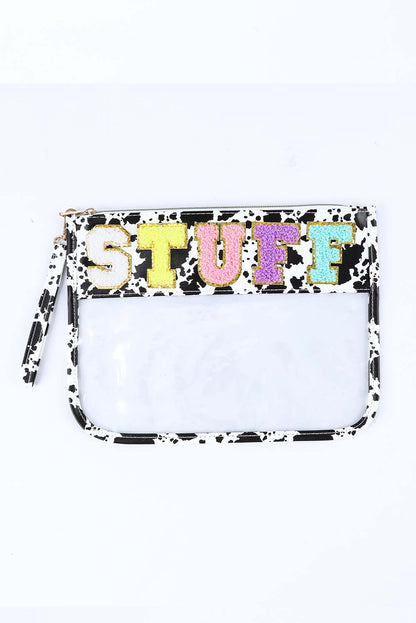 White SNACKS Chenille Letters Zipped Clear Pouch