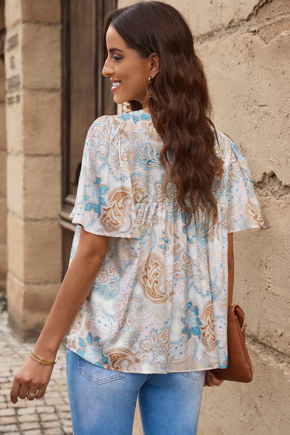 Sky Blue Paisley Pattern Print Drawstring V Neck Blouse