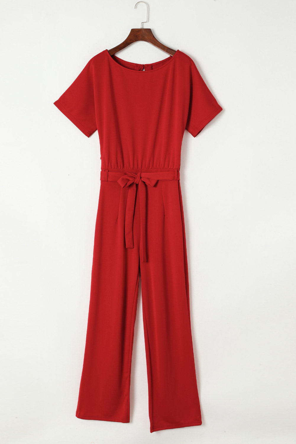 Red Belted Wide Leg Jumpsuit