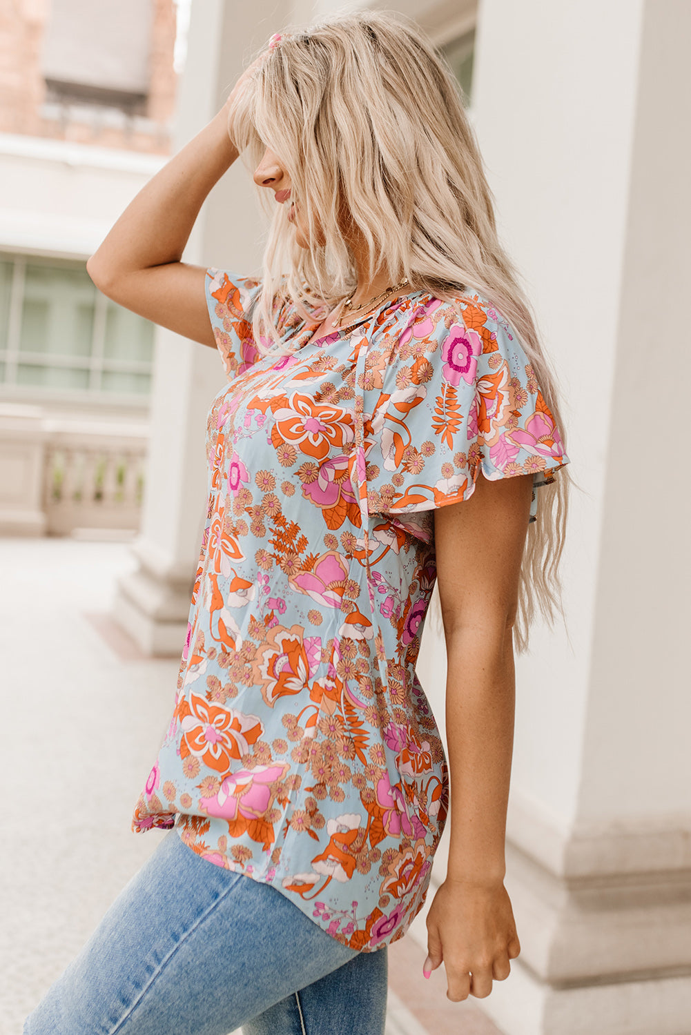 Brown Vintage Floral Smocked Bodice Flare Sleeve Tiered Long Dress